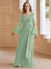 Robe en Mousseline de A-ligne à Col en V avec Manches Longues Longueur au Sol Sauge Poudrée