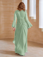 Robe en Mousseline de A-ligne à Col en V avec Manches Longues Longueur au Sol Sauge Poudrée