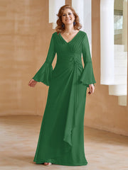 Robe en Mousseline de A-ligne à Col en V avec Manches Longues Longueur au Sol Emeraude Grande Taille