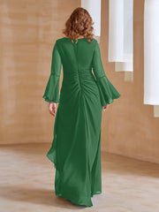 Robe en Mousseline de A-ligne à Col en V avec Manches Longues Longueur au Sol Emeraude