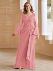 Robe en Mousseline de A-ligne à Col en V avec Manches Longues Longueur au Sol Flamant Grande Taille