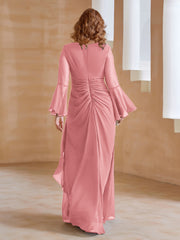 Robe en Mousseline de A-ligne à Col en V avec Manches Longues Longueur au Sol Flamant Grande Taille