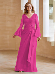 Robe en Mousseline de A-ligne à Col en V avec Manches Longues Longueur au Sol Fuchsia