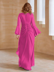 Robe en Mousseline de A-ligne à Col en V avec Manches Longues Longueur au Sol Fuchsia