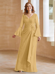 Robe en Mousseline de A-ligne à Col en V avec Manches Longues Longueur au Sol Or Grande Taille