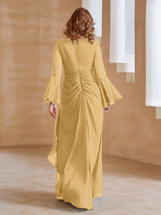 Robe en Mousseline de A-ligne à Col en V avec Manches Longues Longueur au Sol Or