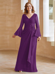Robe en Mousseline de A-ligne à Col en V avec Manches Longues Longueur au Sol Raisin