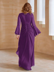 Robe en Mousseline de A-ligne à Col en V avec Manches Longues Longueur au Sol Raisin
