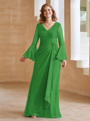 Robe en Mousseline de A-ligne à Col en V avec Manches Longues Longueur au Sol Vert Grande Taille
