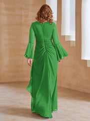 Robe en Mousseline de A-ligne à Col en V avec Manches Longues Longueur au Sol Vert