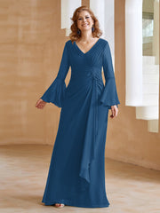 Robe en Mousseline de A-ligne à Col en V avec Manches Longues Longueur au Sol Bleu Encre Grande Taille