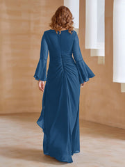 Robe en Mousseline de A-ligne à Col en V avec Manches Longues Longueur au Sol Bleu Encre