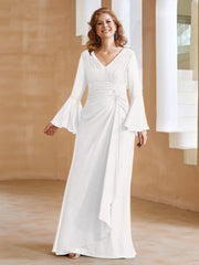 Robe en Mousseline de A-ligne à Col en V avec Manches Longues Longueur au Sol Ivoire Grande Taille