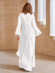 Robe en Mousseline de A-ligne à Col en V avec Manches Longues Longueur au Sol Ivoire