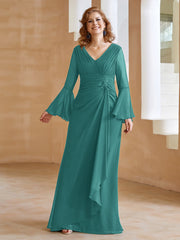Robe en Mousseline de A-ligne à Col en V avec Manches Longues Longueur au Sol Jade Grande Taille