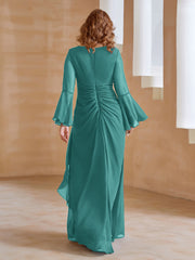Robe en Mousseline de A-ligne à Col en V avec Manches Longues Longueur au Sol Jade