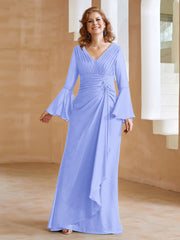 Robe en Mousseline de A-ligne à Col en V avec Manches Longues Longueur au Sol Lavande