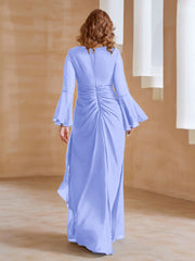 Robe en Mousseline de A-ligne à Col en V avec Manches Longues Longueur au Sol Lavande Grande Taille