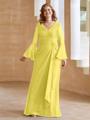 Robe en Mousseline de A-ligne à Col en V avec Manches Longues Longueur au Sol Citron