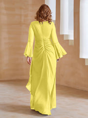 Robe en Mousseline de A-ligne à Col en V avec Manches Longues Longueur au Sol Citron