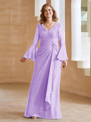 Robe en Mousseline de A-ligne à Col en V avec Manches Longues Longueur au Sol Lilas