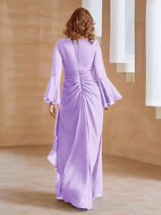 Robe en Mousseline de A-ligne à Col en V avec Manches Longues Longueur au Sol Lilas