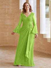 Robe en Mousseline de A-ligne à Col en V avec Manches Longues Longueur au Sol Vert Citron