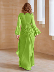 Robe en Mousseline de A-ligne à Col en V avec Manches Longues Longueur au Sol Vert Citron Grande Taille