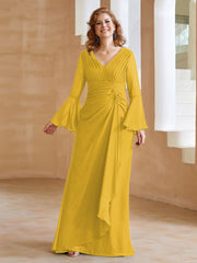 Robe en Mousseline de A-ligne à Col en V avec Manches Longues Longueur au Sol Souci