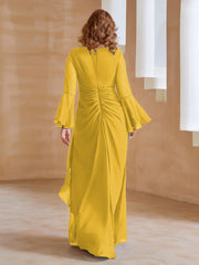 Robe en Mousseline de A-ligne à Col en V avec Manches Longues Longueur au Sol Souci
