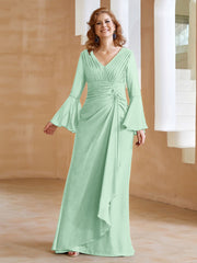 Robe en Mousseline de A-ligne à Col en V avec Manches Longues Longueur au Sol Vert Menthe
