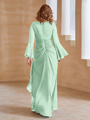 Robe en Mousseline de A-ligne à Col en V avec Manches Longues Longueur au Sol Vert Menthe