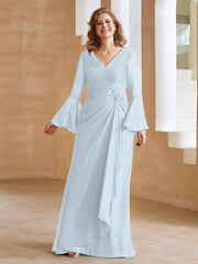 Robe en Mousseline de A-ligne à Col en V avec Manches Longues Longueur au Sol Brume