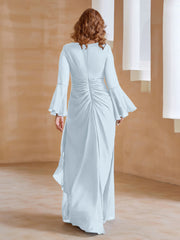 Robe en Mousseline de A-ligne à Col en V avec Manches Longues Longueur au Sol Brume Grande Taille
