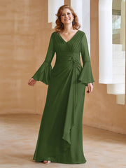 Robe en Mousseline de A-ligne à Col en V avec Manches Longues Longueur au Sol Mousse Grande Taille