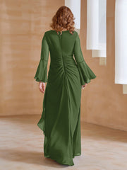 Robe en Mousseline de A-ligne à Col en V avec Manches Longues Longueur au Sol Mousse