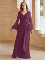 Robe en Mousseline de A-ligne à Col en V avec Manches Longues Longueur au Sol Mûre