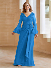 Robe en Mousseline de A-ligne à Col en V avec Manches Longues Longueur au Sol Bleu Océan