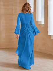 Robe en Mousseline de A-ligne à Col en V avec Manches Longues Longueur au Sol Bleu Océan Grande Taille