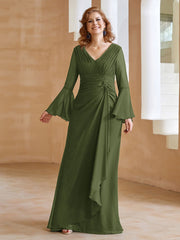 Robe en Mousseline de A-ligne à Col en V avec Manches Longues Longueur au Sol Olive Verte Grande Taille