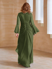 Robe en Mousseline de A-ligne à Col en V avec Manches Longues Longueur au Sol Olive Verte