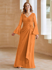 Robe en Mousseline de A-ligne à Col en V avec Manches Longues Longueur au Sol Orange