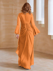 Robe en Mousseline de A-ligne à Col en V avec Manches Longues Longueur au Sol Orange