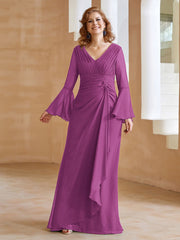 Robe en Mousseline de A-ligne à Col en V avec Manches Longues Longueur au Sol Orchidee Grande Taille