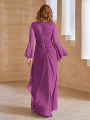 Robe en Mousseline de A-ligne à Col en V avec Manches Longues Longueur au Sol Orchidee Grande Taille