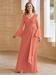 Robe en Mousseline de A-ligne à Col en V avec Manches Longues Longueur au Sol Papaye Grande Taille
