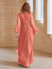 Robe en Mousseline de A-ligne à Col en V avec Manches Longues Longueur au Sol Papaye Grande Taille