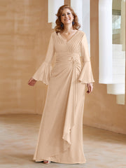 Robe en Mousseline de A-ligne à Col en V avec Manches Longues Longueur au Sol Pêche Grande Taille