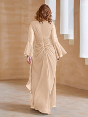Robe en Mousseline de A-ligne à Col en V avec Manches Longues Longueur au Sol Pêche