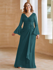 Robe en Mousseline de A-ligne à Col en V avec Manches Longues Longueur au Sol Paon Grande Taille